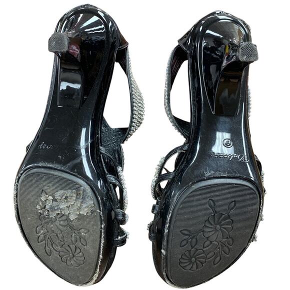 Delicacy Womens Size 9 Silver Rhinestone on Shiny Black Open Toe 3" Heel Shoes - Picture 6 of 6